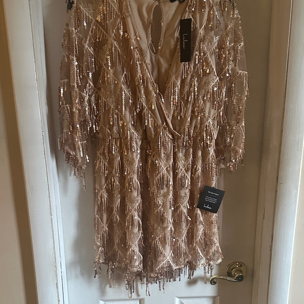 Lulu's Rose Gold Sequin Fringe Mini Romper